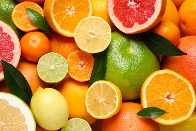 Photo of Different ripe citrus fruits with green leaves as background, top view