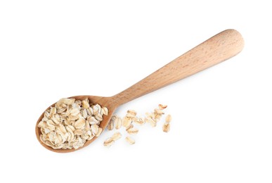 Photo of Raw oatmeal and wooden spoon on white background, top view