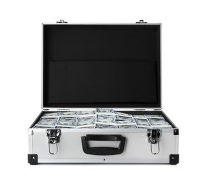 Photo of Open suitcase full of money on white background