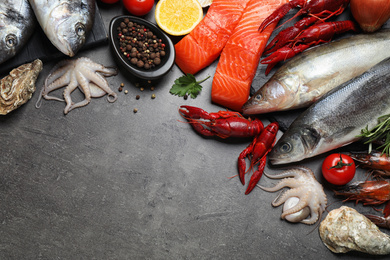 Photo of Fresh fish and different seafood on grey table, flat lay. Space for text