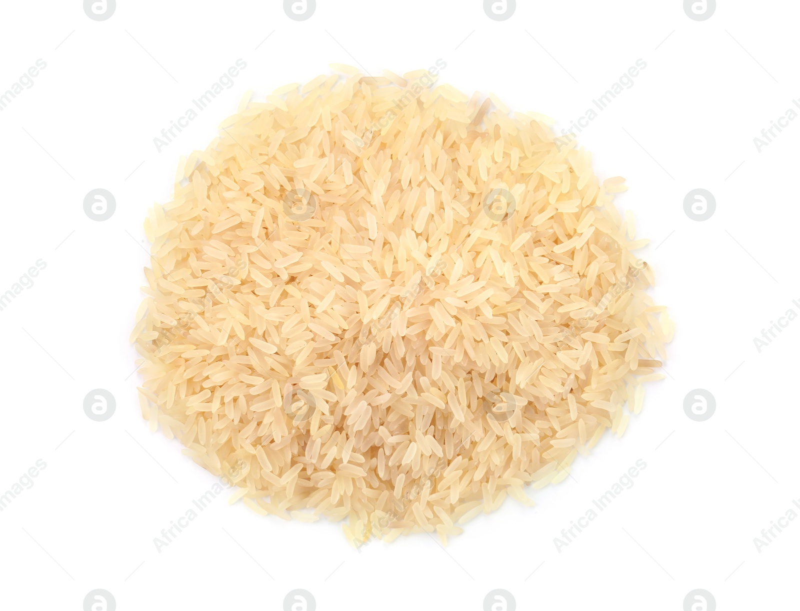 Photo of Pile of raw rice isolated on white, top view