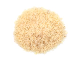 Photo of Pile of raw rice isolated on white, top view