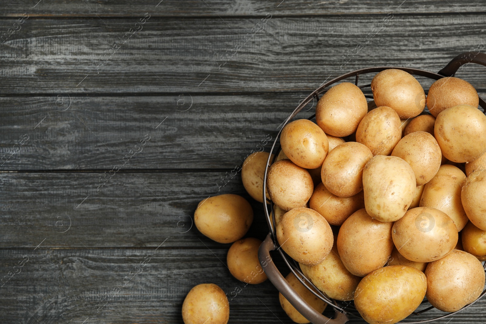 Photo of Raw fresh organic potatoes on black wooden background, top view. Space for text