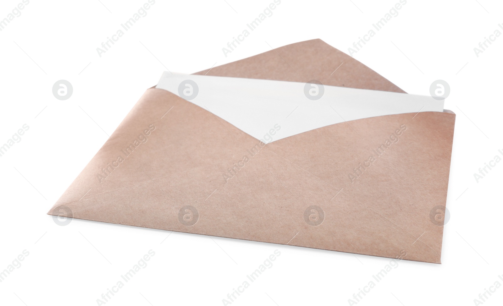 Photo of Brown paper envelope with card isolated on white