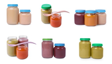 Image of Set of baby food in jars isolated on white