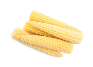 Photo of Fresh baby corn cobs on white background, top view