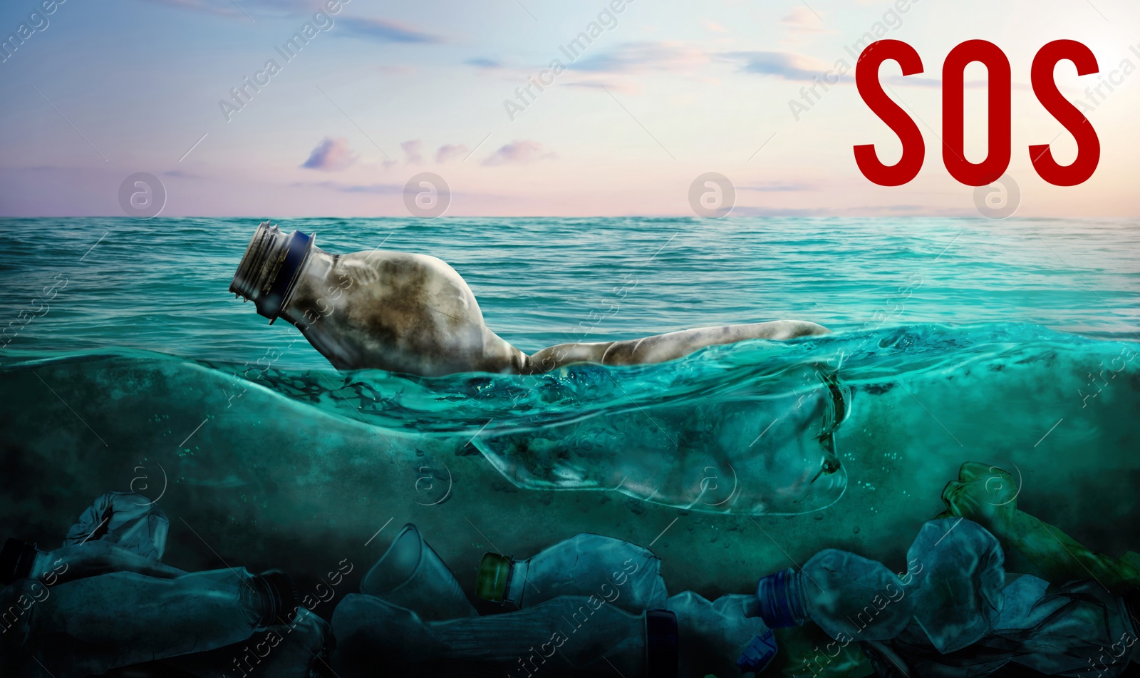 Image of Word SOS and plastic garbage in ocean. Marine pollution