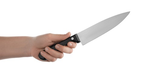 Photo of Woman holding knife on white background, closeup