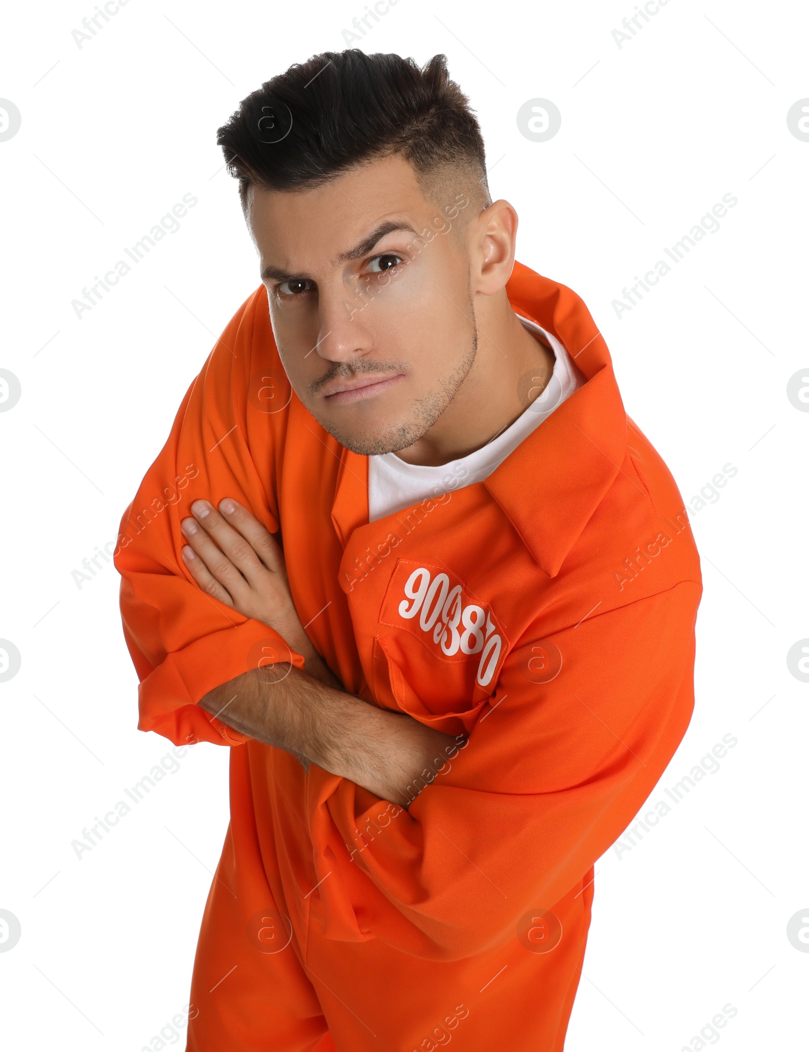 Photo of Prisoner in orange jumpsuit on white background