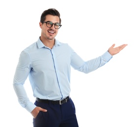 Photo of Young male teacher with glasses on white background