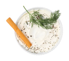 Photo of Delicious cream cheese with grissini stick and dill on white background, top view