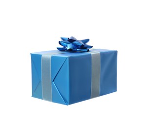 Photo of Light blue gift box with bow isolated on white