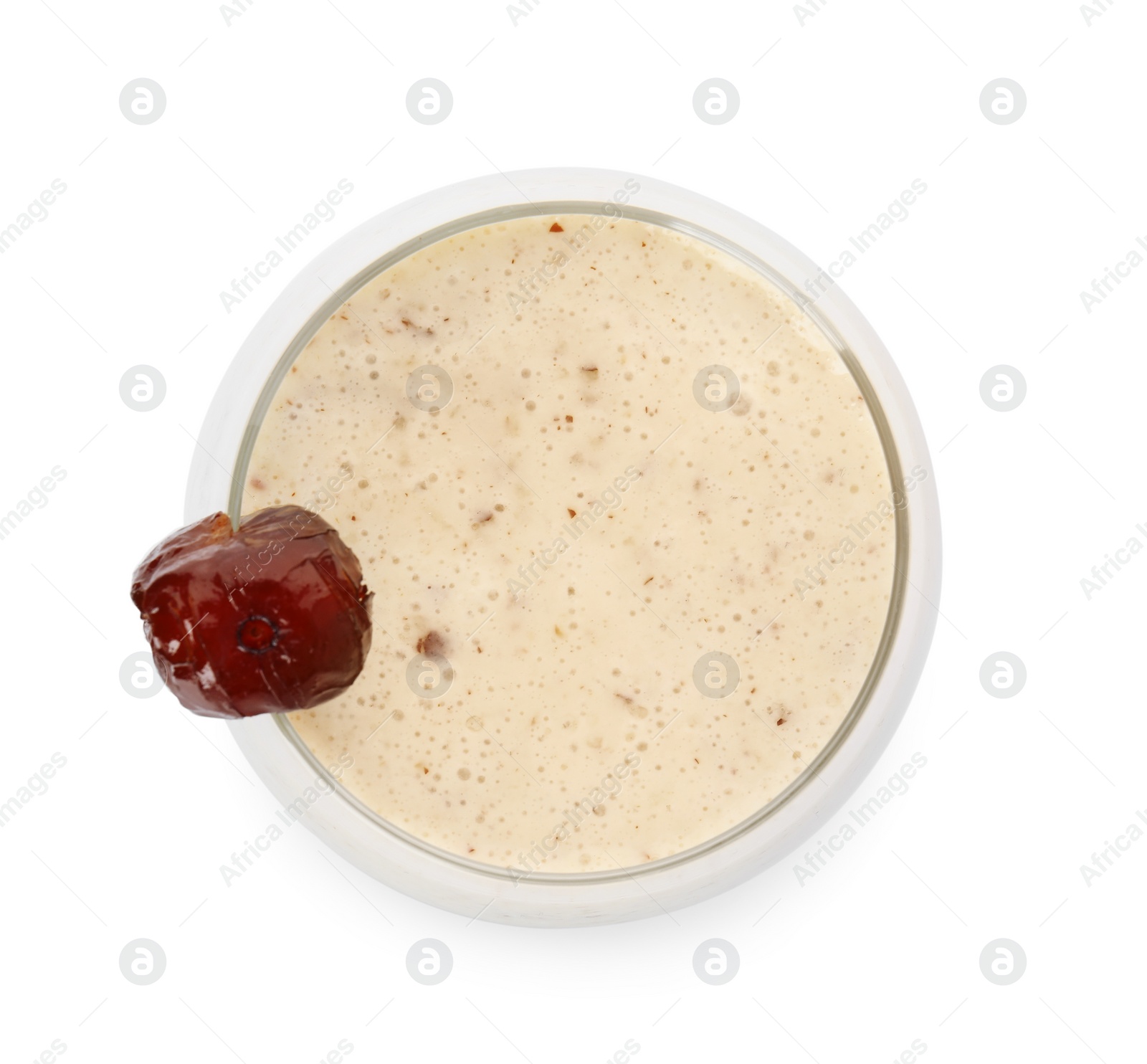 Photo of Glass of delicious date smoothie isolated on white, top view