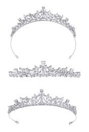 Collage of beautiful silver tiara with diamonds on white background, views from different sides