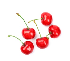 Delicious ripe sweet cherries on white background, top view