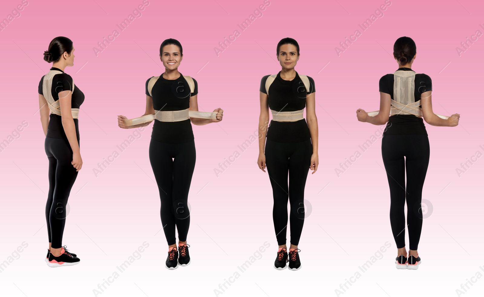 Image of Collage with photos of woman with orthopedic corset on color background