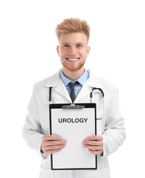 Photo of Male doctor holding clipboard with word UROLOGY on white background