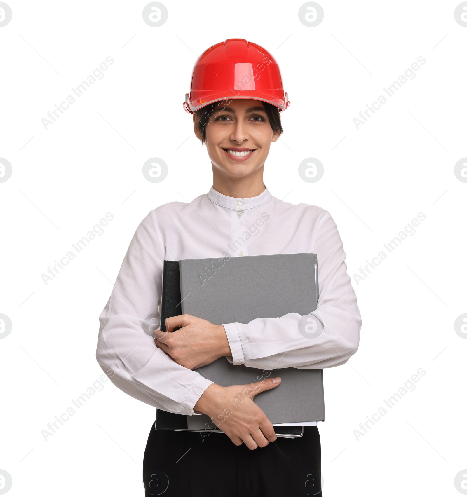 Photo of Architect with hard hat and folders on white background