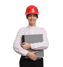 Photo of Architect with hard hat and folders on white background