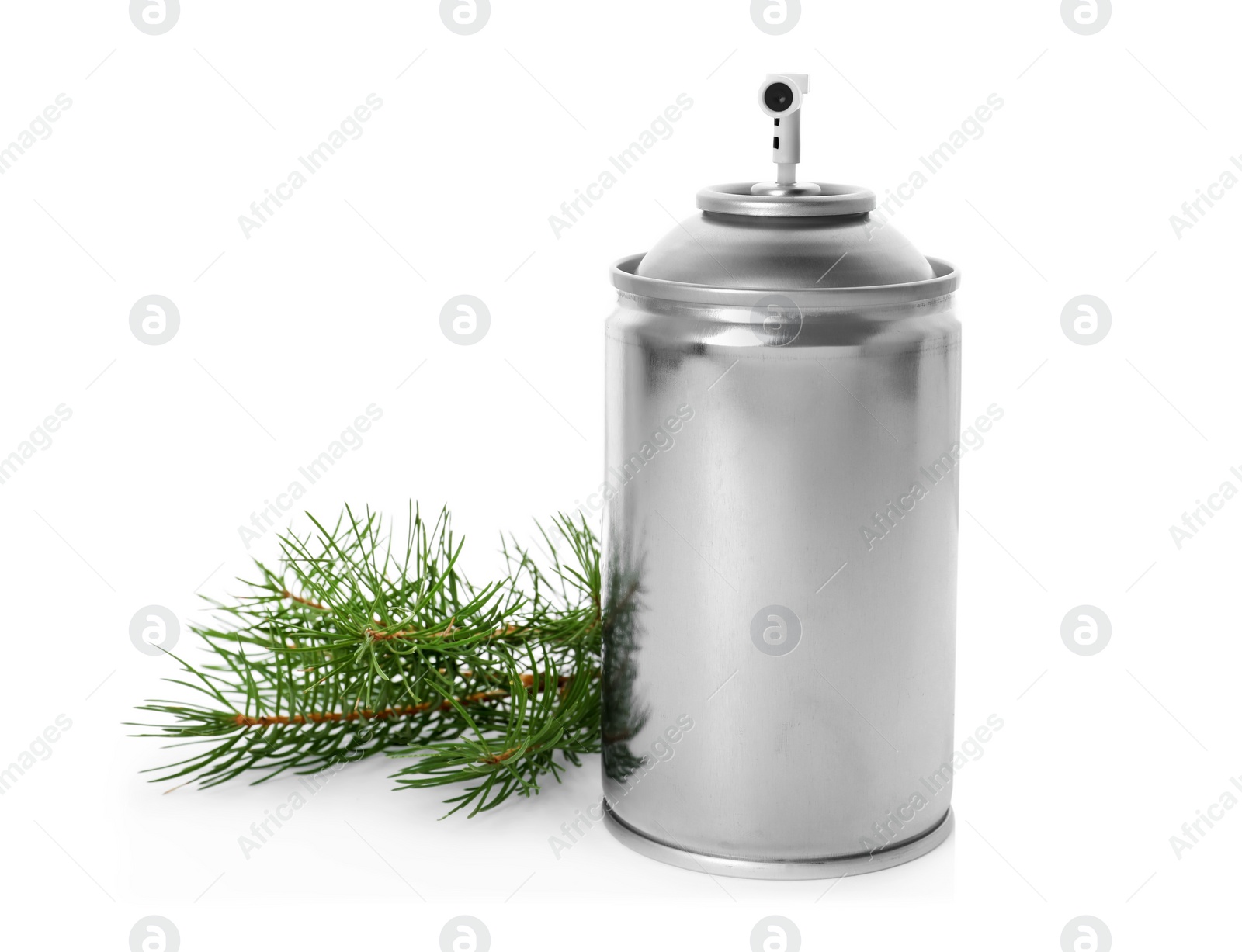 Photo of Aerosol air freshener and fir branches on white background