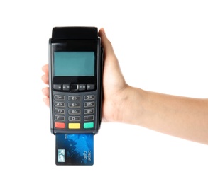 Photo of Woman using modern payment terminal on white background, closeup