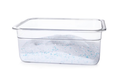 Plastic container with laundry powder isolated on white