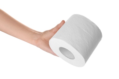 Woman holding toilet paper roll on white background. Personal hygiene