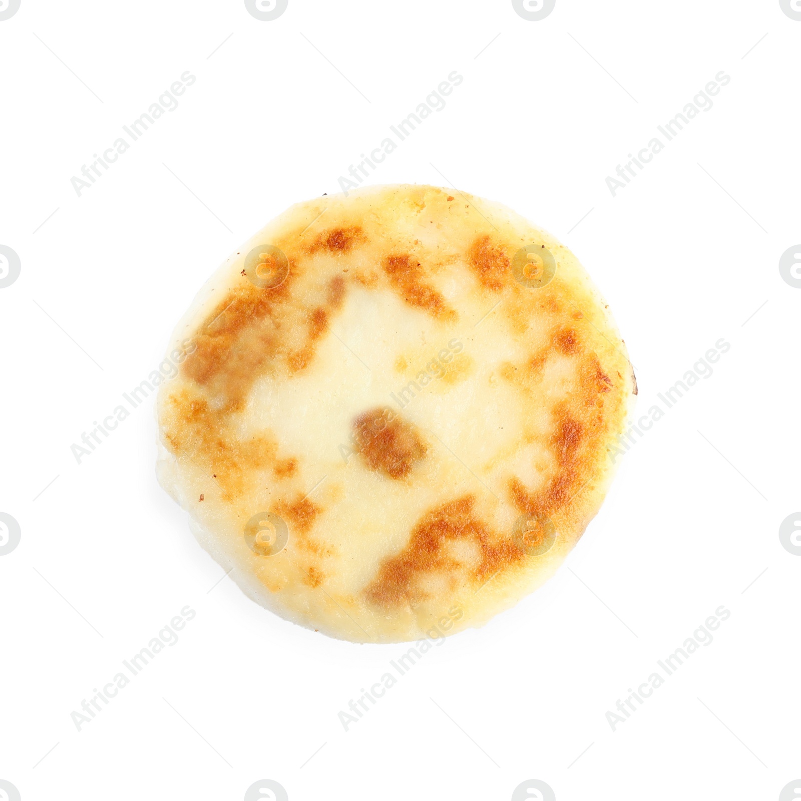 Photo of Delicious cottage cheese pancake isolated on white, top view