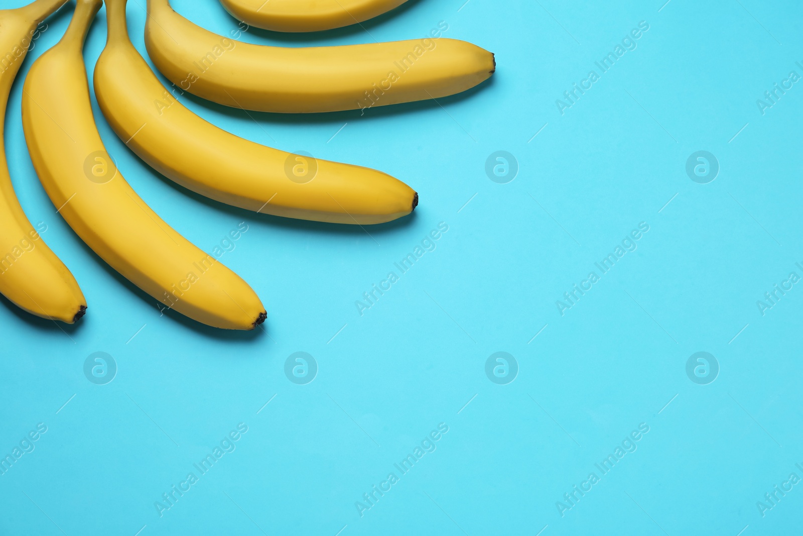 Photo of Ripe yellow bananas on turquoise background, flat lay. Space for text