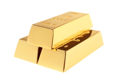 Precious shiny gold bars on white background