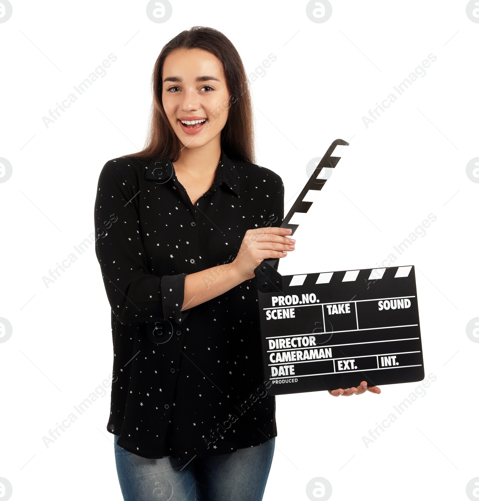 Photo of Woman with clapperboard on white background. Cinema show