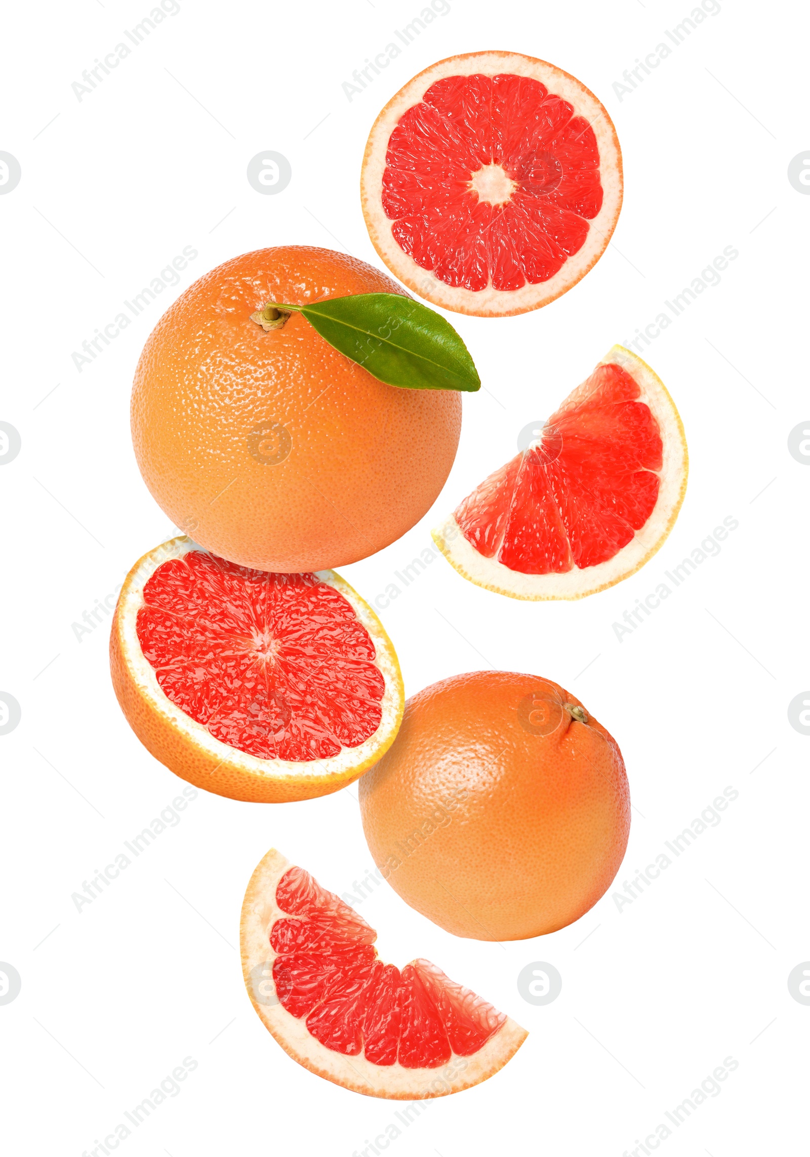 Image of Tasty ripe grapefruits falling on white background