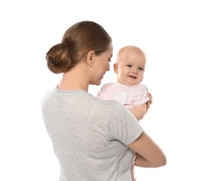 Young mother with her baby isolated on white