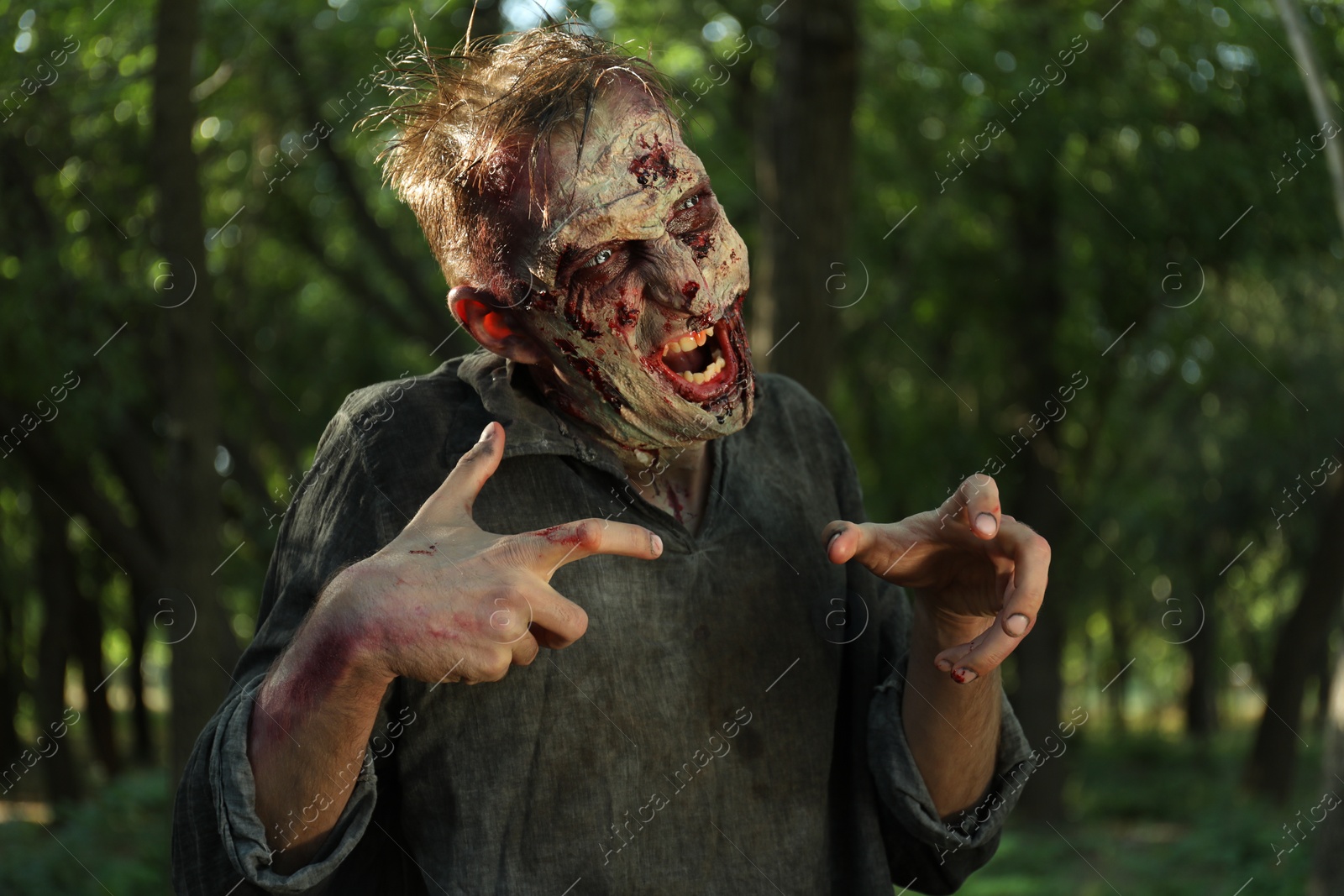 Photo of Scary zombie with bloody face outdoors. Halloween monster