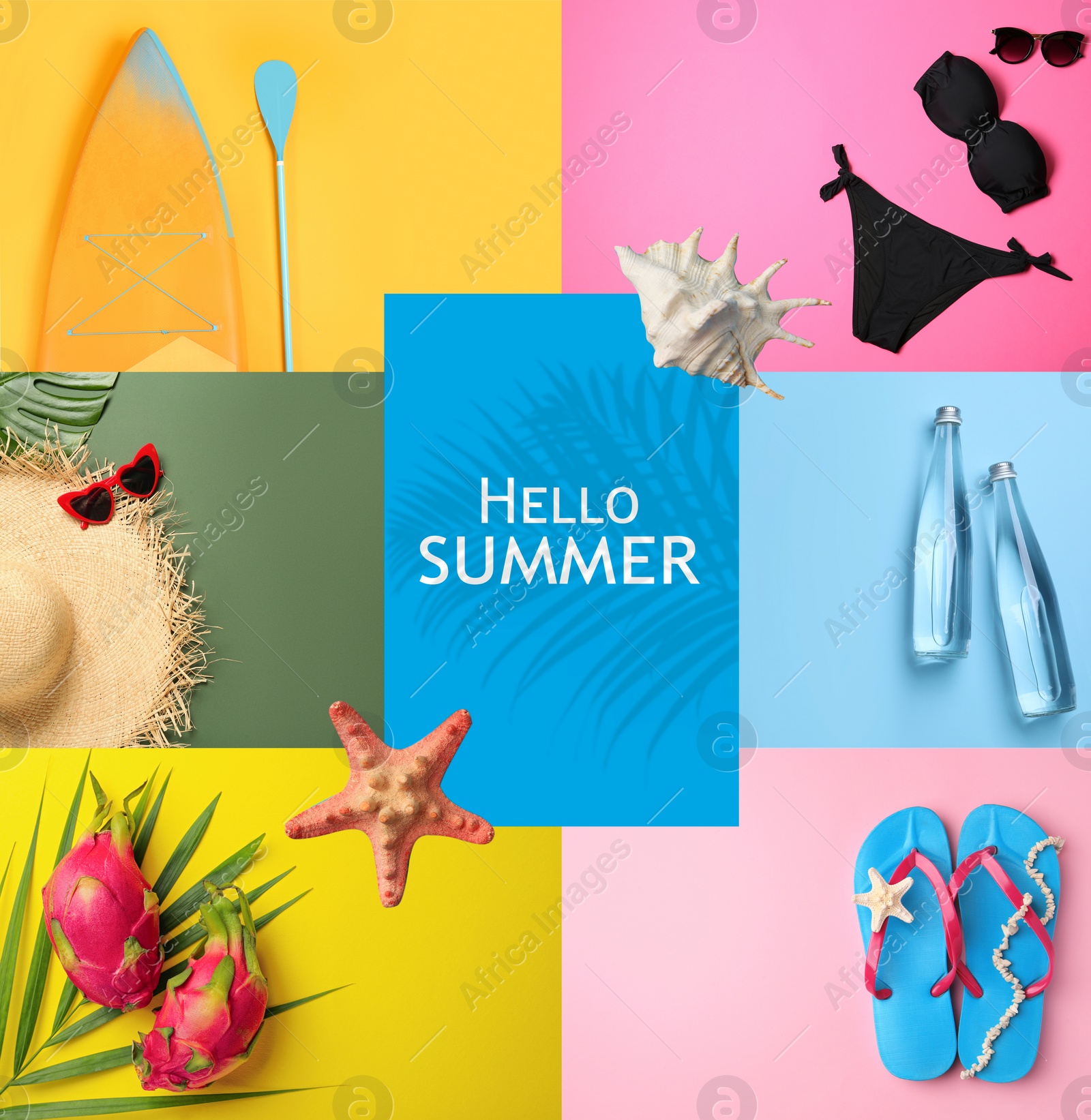 Image of Hello summer. Collage with beach stuff and pitahaya