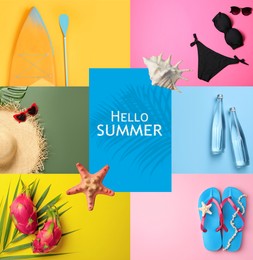 Image of Hello summer. Collage with beach stuff and pitahaya