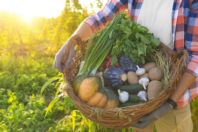 Photo of Man with basket of different fresh ripe vegetables on farm, closeup