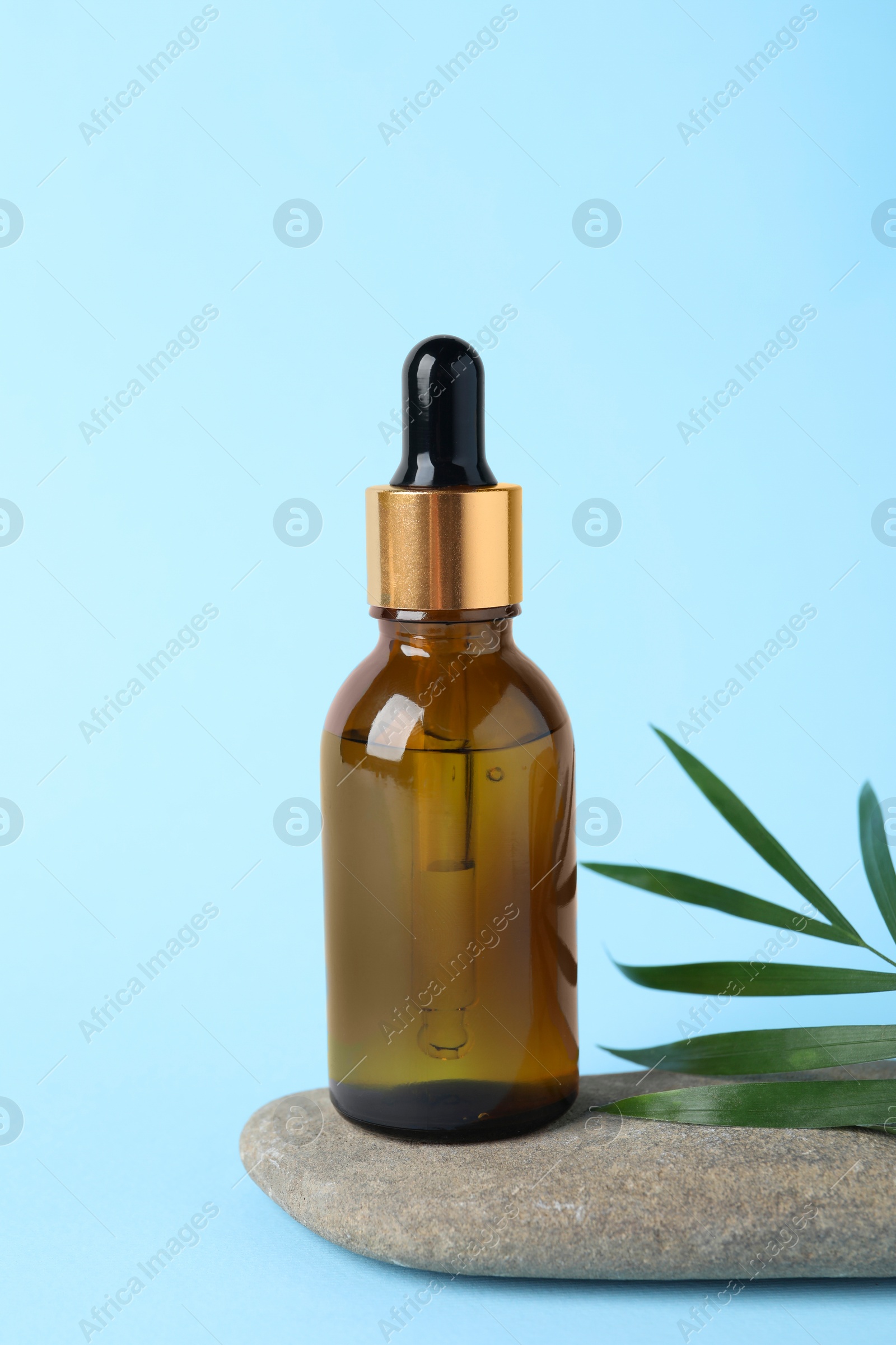 Photo of Bottle with cosmetic oil, stone and green leaf on light blue background