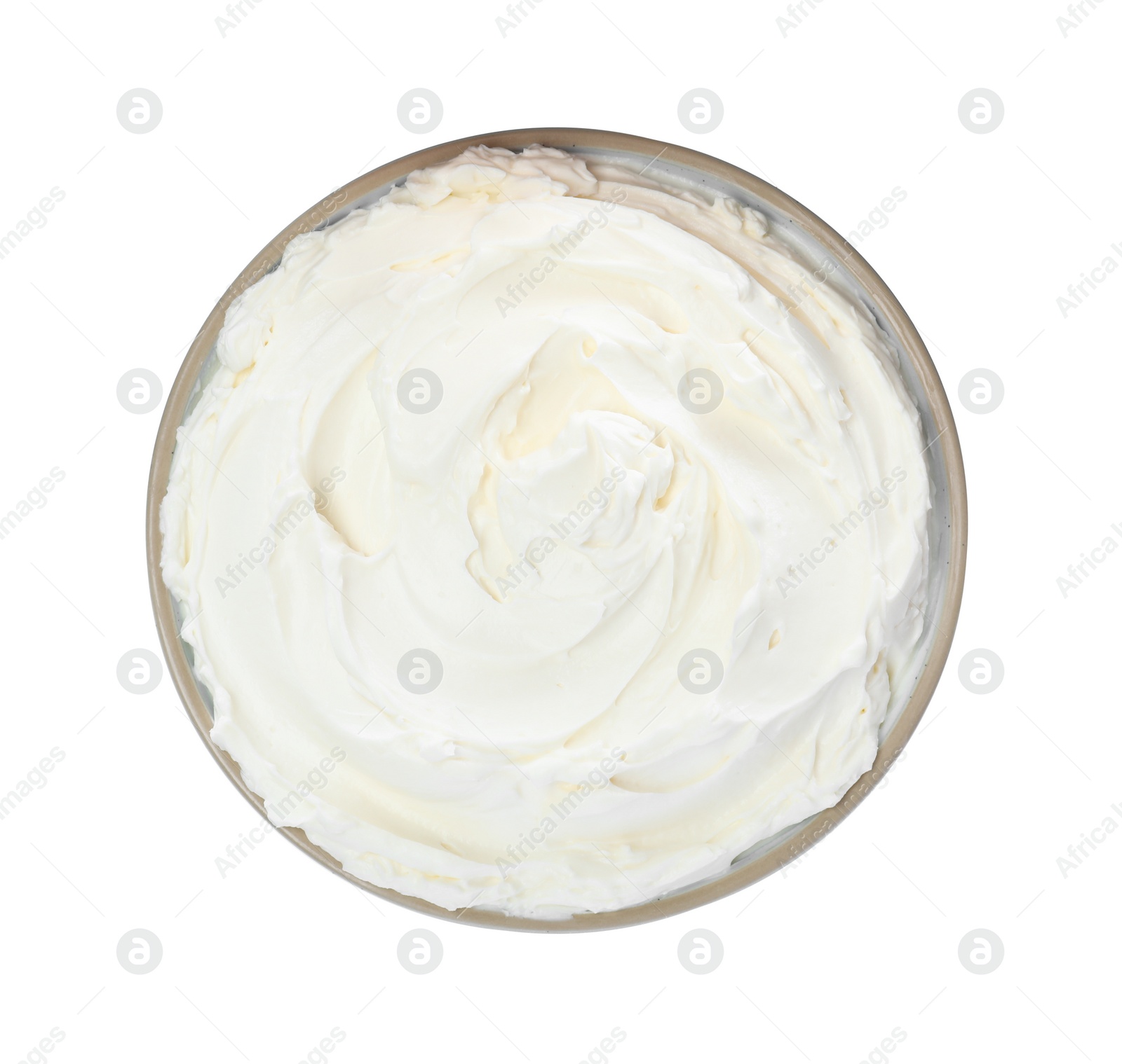 Photo of Bowl of tasty cream cheese isolated on white, top view