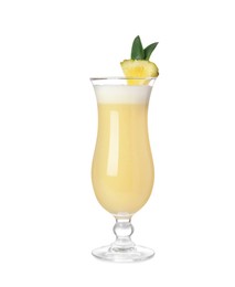 Photo of Tasty Pina Colada cocktail on white background
