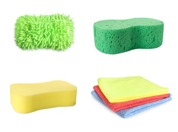 Image of Set with sponges and rags on white background. Car products