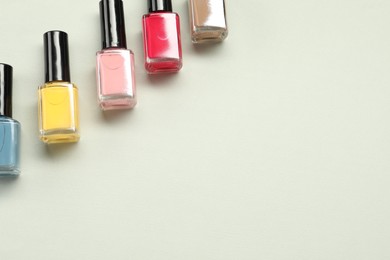 Colorful nail polishes in bottles on light background, flat lay. Space for text