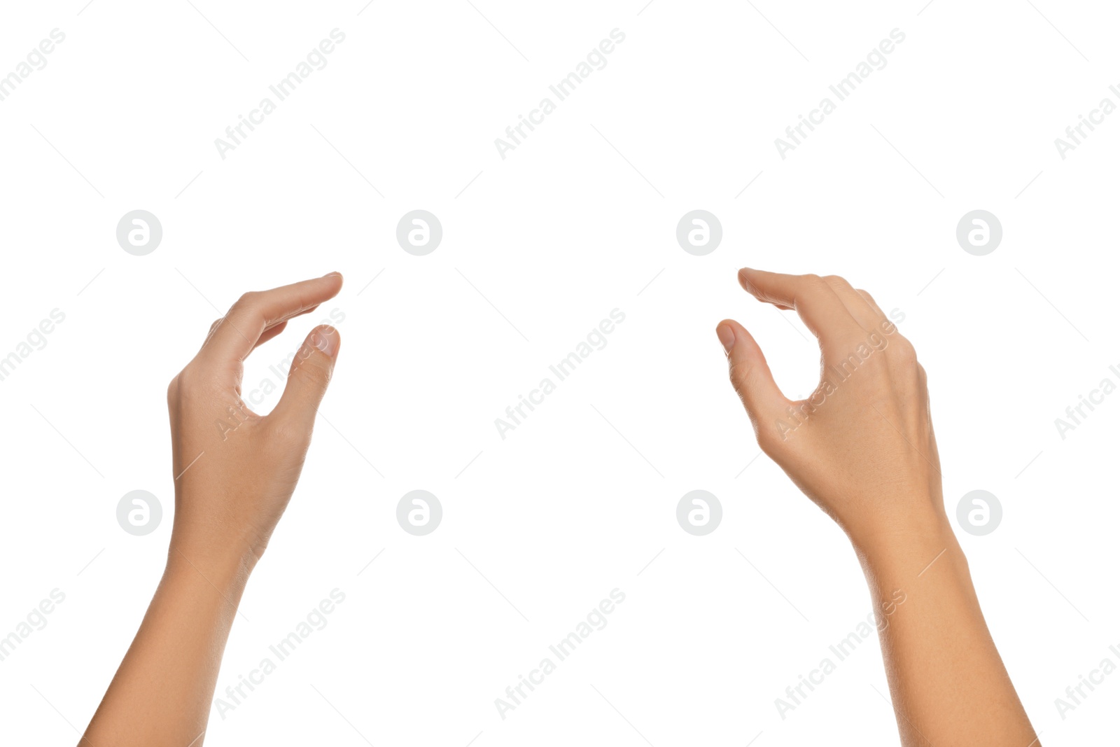 Photo of Woman pretending to hold steering wheel on white background, closeup