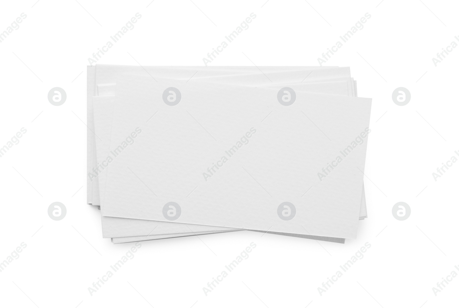 Photo of Blank business cards isolated on white, top view. Mockup for design