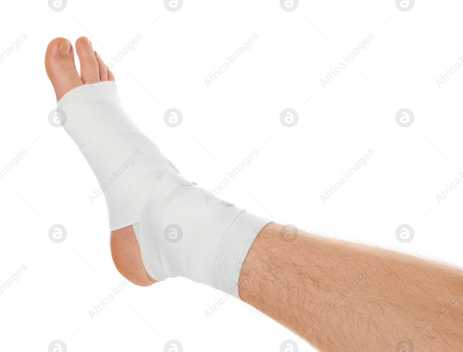 Photo of Man with foot wrapped in medical bandage on white background, closeup