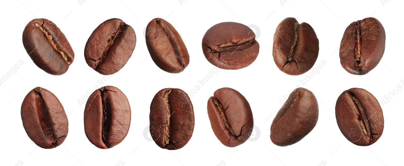 Image of Set with aromatic roasted coffee beans on white background. Banner design