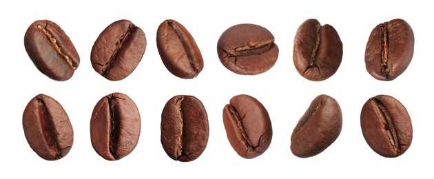 Image of Set with aromatic roasted coffee beans on white background. Banner design