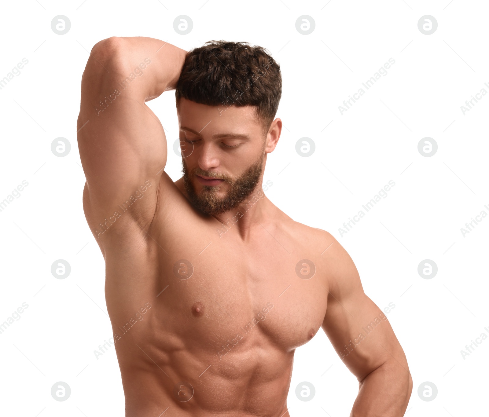 Photo of Handsome muscular man isolated on white. Sexy body