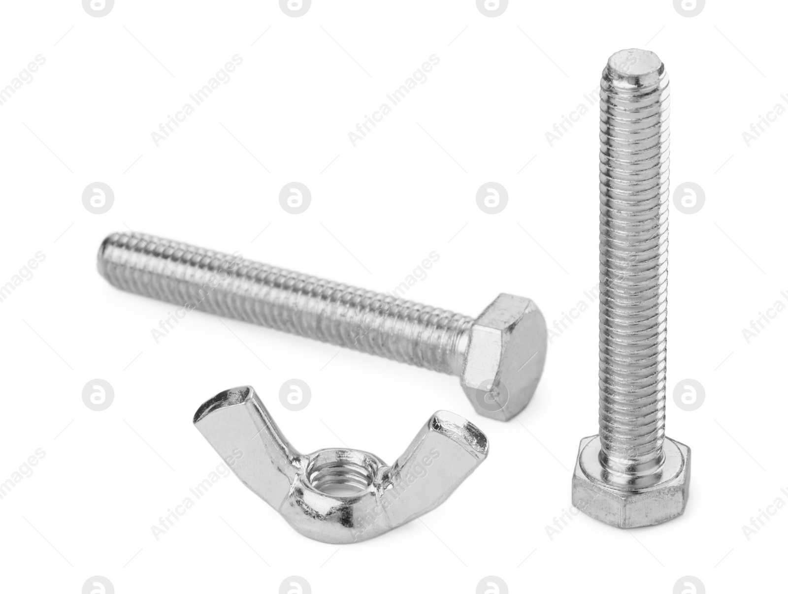 Photo of Metal screws with wing nuts isolated on white