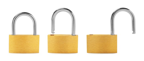 Image of Modern padlock isolated on white, collage of photos